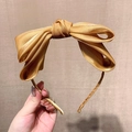 Elegant gold double-layered mesh bow headband with a glossy finish for women - Khaki