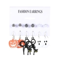 Halloween earring set with pumpkin, black cat, and ghost charms, 6-pair combo pack - Style 02 Silver Black Cat Ghost Set 1201