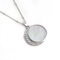 Silver crescent moon and white mother of pearl star necklace with micro-pave crystals - White Gold Moon