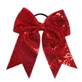 8 inch large red sequin bow hair tie with streamers and black elastic rubber band - Red