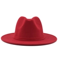 Classic bright red fedora hat with a flat brim and matching ribbon in wool felt material - Red