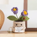 Handmade crochet potted plant with purple flowers and Thank You sign on wooden surface - Beige Pot - 2-Head Lily of the Valley