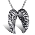 Polished silver angel wing pendant necklace in stainless steel with retro textures - Retro Feather Wing Style