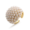 Detailed view of copper gold ring with clustered white pearls and adjustable open band - Gold Oval Ring