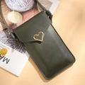 Crossbody phone purse in dark green lychee leather with a golden heart buckle detail - Dark Green