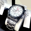 Detail view of ORUSS men's steel watch with white three-dial display in gift box - Silver White Dial