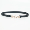 Women's black faux leather skinny belt with a stylish gold knotted metal buckle detail - 609# Black