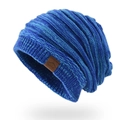 Unisex knitted beanie in blue marl fabric featuring a brown leather 'Sport' patch label - Mixed Blue