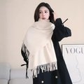 Elegant beige thick cashmere scarf with tassels worn over a black winter wool coat - Thickened Tassel Style (330g) / 200*70cm / Off-white