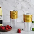 Stack of elegant disposable plastic party cups with gold rim and transparent body - 300ml (10oz) / Gold Rim Plastic Cup