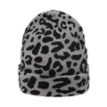 Close-up of high-quality grey and black leopard print knit pattern on a warm winter beanie - Grey and Black Leopard Print