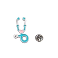 Broche stéthoscope en émail bleu médical avec cœur rose et finition argentée - Base Argent Bleu