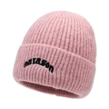 Pink rib-knit beanie with natagon embroidery detail for winter warmth and style - Pink