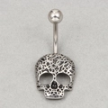 Silver skull navel clip on ring with vintage hollowed texture for non-pierced belly - Skull Style (A-1426)