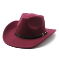 Detail of burgundy wool fedora hat featuring a black leather belt and silver buckle - M (56-58cm) / Burgundy