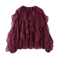 Detailed view of burgundy V-neck chiffon shirt with ruffle layers and button closure - XS / Burgundy