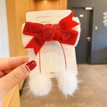 Red velvet bow hair clip with white fuzzy balls and streamers for Chinese New Year - Style 9: White Fur Ball with Streamers