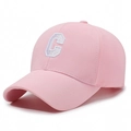 Rosa Baumwoll-Baseballkappe mit weißer C-Stickerei und gebogenem Schirm für Damen - Verstellbar / Rosa