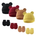 Baby hat and glove set with cute ears in black, wine red, brown, and yellow colors - Multi-Pack Hat And Mittens / Black, Wine Red, Caramel And Ginger