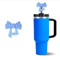 Blue bow straw cover accessory on a blue stainless steel tumbler with handle - Blue