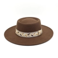 Detailed view of the dark brown flat-brimmed felt hat with patterned woven ethnic band - M (56-58cm) / Coffee