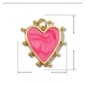 Detail view of pink enamel heart pendant with copper gold edges and precise size specs - Pink Texture Enamel Heart