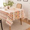 Bohemian geometric linen tablecloth with orange patterns and tassel fringe detail - 140*260cm / Chihiro Pattern
