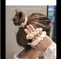 Elastic hair tie with elegant cream faux pearls for women's stylish hairstyles - Champagne
