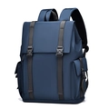 Front view of a navy blue casual business backpack with vertical straps and buckle closure - Blue
