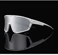 Detail view of sport sunglasses with white marble frame and large silver reflective lens - Matte White Frame Black Splatter Silver Lens