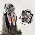 Floral satin silk scarf with red and blue flower patterns and a deep blue border detail - L7347-White