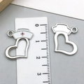 Silver nurse hat heart charms in white enamel and hollow metal for DIY jewelry making - Heart with Nurse Hat