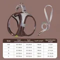 Brown mesh dog harness and leash set sizing guide with reflective details - Coffee & Grey