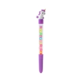 Detail of purple unicorn gel pen with transparent barrel filled with colorful letter beads - Purple Unicorn