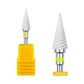 Macro detail of professional ceramic nail drill bit with precision cross-cut texture - Yellow Ring Slender Tapered Style (OMTC06)