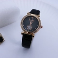 Montre à quartz pour femme avec bracelet en cuir noir, lunette strass et boîtier doré rose - Noir