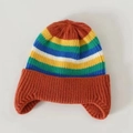 Cozy multicolor striped knit baby beanie with protective ear flaps for winter season - One Size / Rainbow Hat / Caramel color
