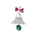 Detailed view of a silver Christmas bell pendant with red bow and green gemstone - White Gold Colored Diamond Christmas Bell