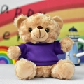 Detailed macro shot of soft brown teddy bear plush toy wearing a vibrant purple t-shirt - Purple