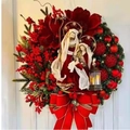 Christmas wreath with holy family figurines, red berries, bow and glowing lantern - 35CM Red Flat