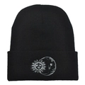 Winter black cuffed beanie with white sun and moon embroidery for outdoor warmth - Adult(54-60cm) / Black