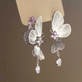Detail of silver butterfly earrings with purple zircons and delicate filigree wings - 38# Silver Hollow Butterfly & Purple Gem (925 Sterling Silver Earring Post)
