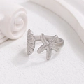 Silver adjustable stainless steel ring featuring detailed starfish and seashell elements - Starfish Shell (JR482-S7)