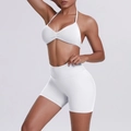 White halter sports bra and high-waisted shorts yoga set for women fitness wear - XS / Off-White