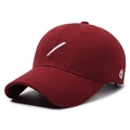 Minimalist burgundy baseball cap with white stripe embroidery and shield emblem detail - Adjustable / Burgundy