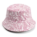 Detailed view of floral pattern on a white cotton bucket hat with pink leaf print - White Rose Red Botanical (013#)