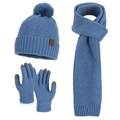 Winter knitted 3-piece set in blue-grey with pompom hat, scarf and touchscreen gloves - Blue