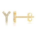 Close-up of S925 sterling silver letter Y stud earrings with sparkling cubic zirconia - Gold Y