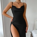 Elegant black silk satin slip dress with cowl neck and high slit design for women - S / Black