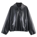 Gros plan détaillé d'un blouson aviateur en similicuir noir avec texture brillante et zip - XS / Noir